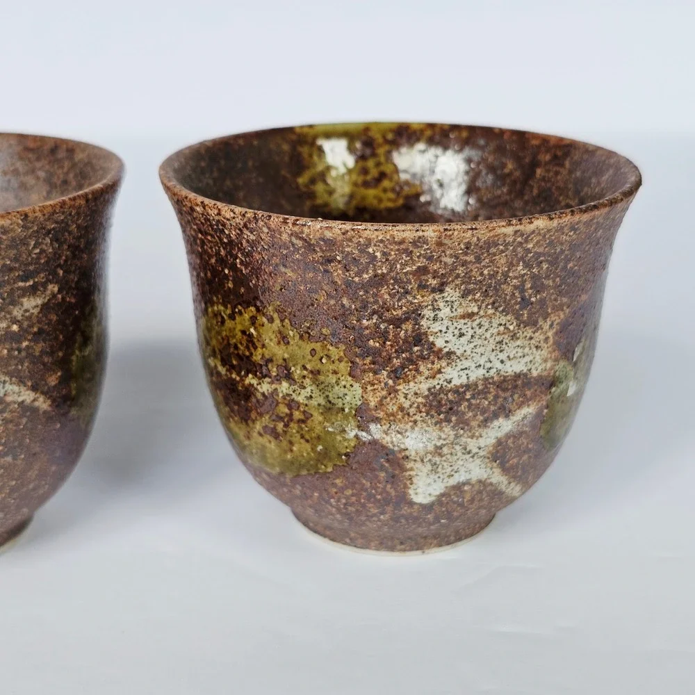 Vtg Japanese Style Tea Cup Set 5 Brown Speckled Pottery Wabi Sabi Rustic Earthy‎